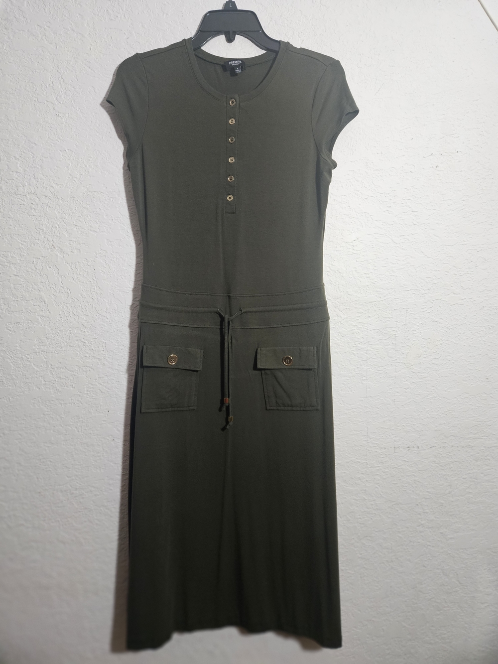 Short-Sleeve Olive Green Midi Dress with Button Henley and Drawstring Waist
